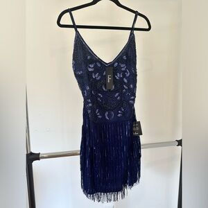 Lulus Grand Expectations Navy Blue Sequin Fringe Mini Bodycon Dress - Size L NWT